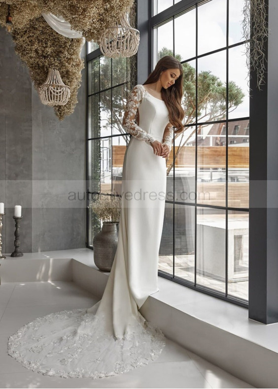 Long Sleeves Ivory Satin Lace Popular Wedding Dress